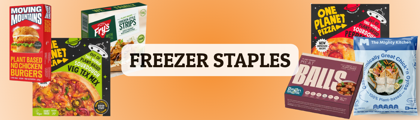 freezer staples text on an orange gradient background showing 6 different vegan products