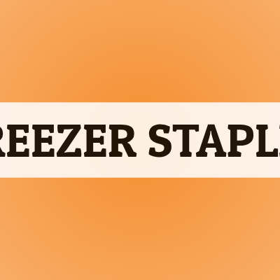 freezer staples text on an orange gradient background showing 6 different vegan products