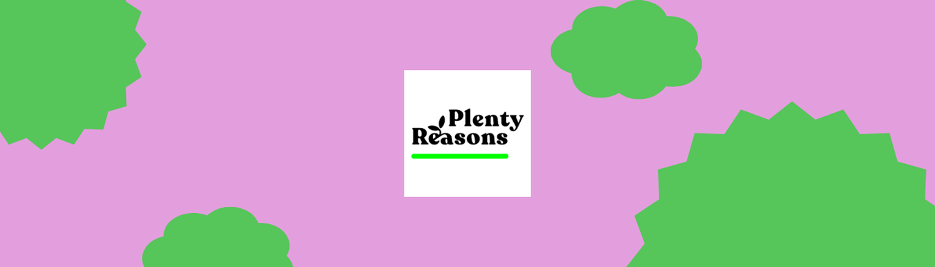 banner on pink groundground with gree geometric shapes and plenty reasons logo in centre