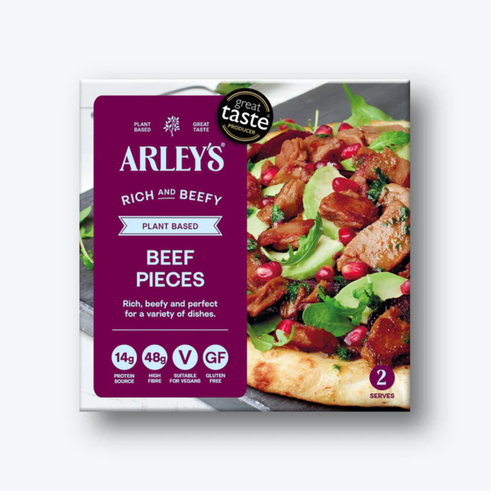 Box of Arley's Rich and Beefy Beef Pieces on a white background