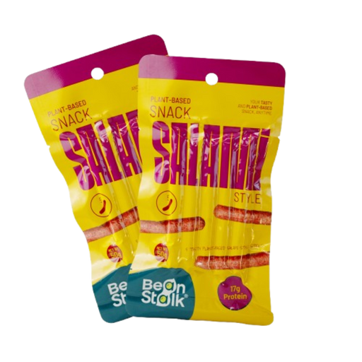 Two packages of 'Bean Stalk' plant-based snack with yellow and pink design on a white background