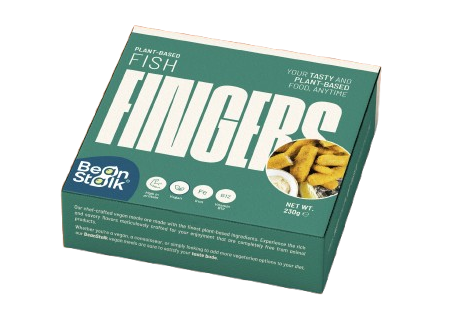 Box of 'Fish Fingers' plant-based product on a white background