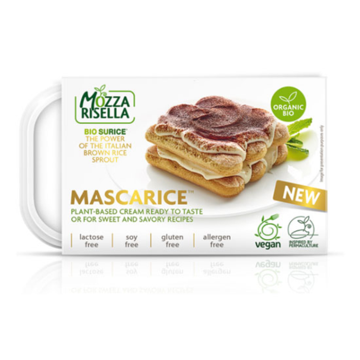 packet of mozzaRisella mascarice vegan mascarpone on white background