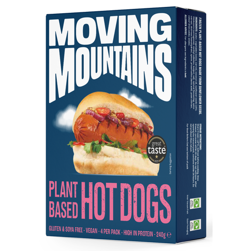 Box of Moving Mountains plant-based hot dogs with a hot dog graphic on a blue background
