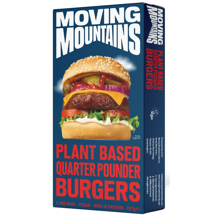 Box of Moving Mountains plant-based quarter pounder burgers on a white background