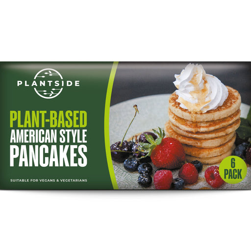 Packaging for Plantside Plant-Based American Style Pancakes showing a stack of pancakes with whipped cream and berries on top, alongside ingredients like blueberries and strawberries.