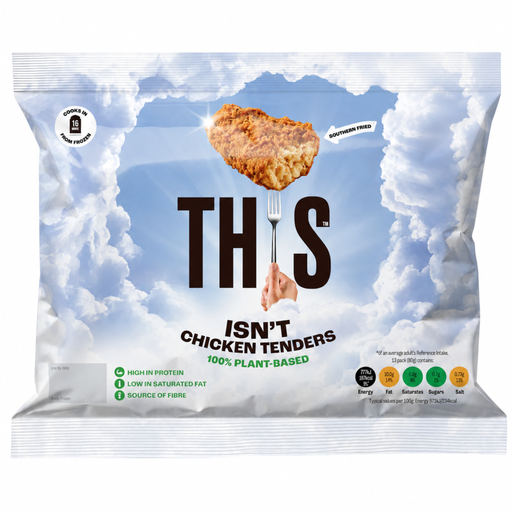 packet of this isnt chicken tenders vegan breaded chicken pieces on a white background