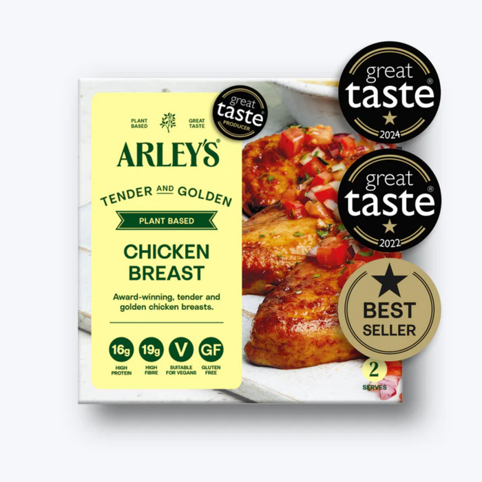 Arley's plant-based chicken breast packaging with Great Taste awards on a white background
