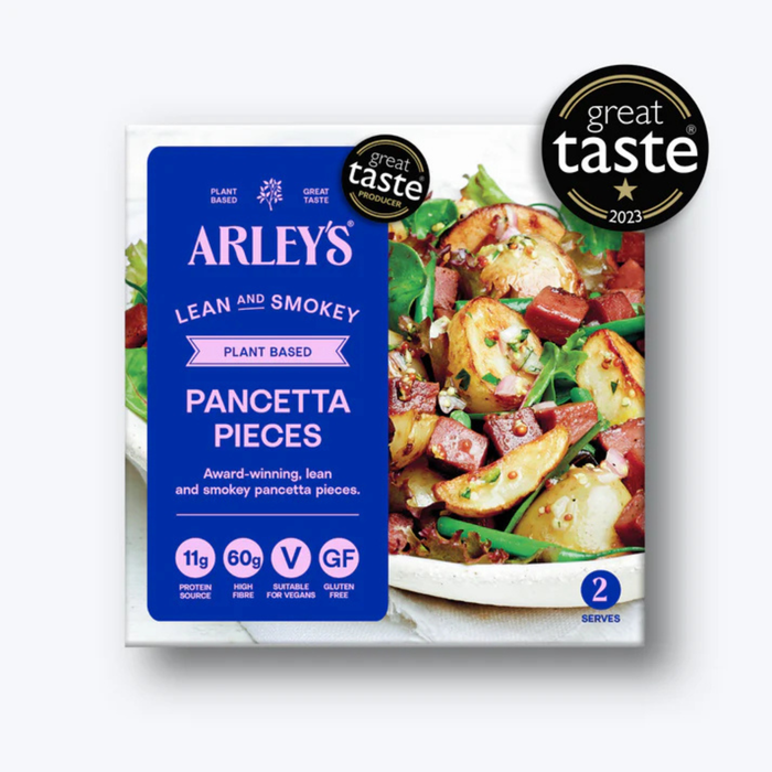 Arley's Lean and Smokey Pancetta Pieces packaging with a 'Great Taste' award on a white background