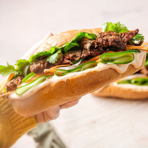 A close-up of a hand holding a large banh mi sandwich filled with vegan mushroom brisket, cilantro, pickled vegetables, and a creamy sauce on a light background.