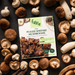 a packet of fable pulled shiitake mushrooms surrounded by raw mushrooms