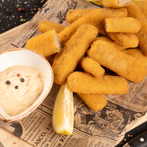 Fried fish fingers with a side of dipping sauce on a newspaper background