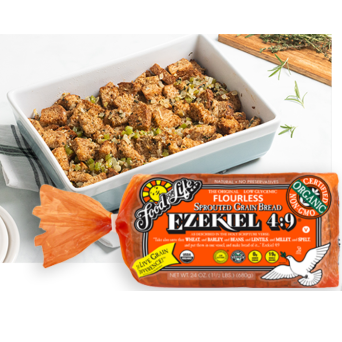 bread pudding made with Ezekiel 4:9 sprouted wholegrain bread with the packet in the foreground