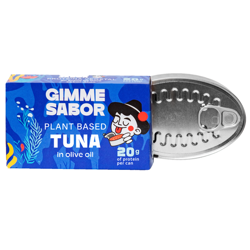 Plant-based tuna can with blue packaging and a cartoon character on a white background