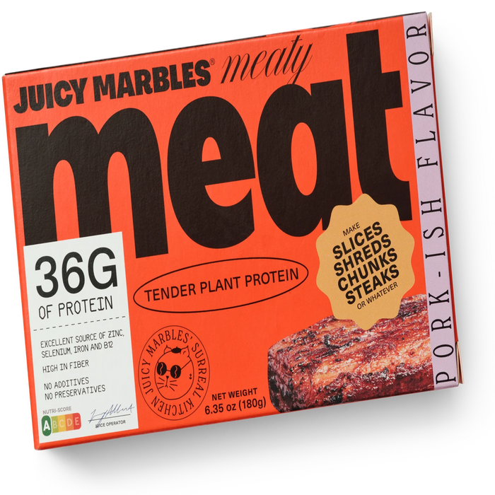 Box of Juicy Marbles meat product with orange and black design on a white background