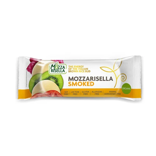 packet of vegan smoked mozzarella cheese on white background
