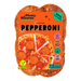 A package of Plenty Reasons Meatless Pepperoni pizza slices on a white background. The packaging features a bright orange background with the brand name 'Plenty Reasons' and 'PEPPERONI' in bold black letters, along with an image of pepperoni pizza slices and various certification badges.