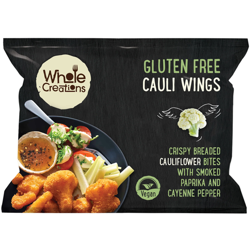 Packaging of Whole Creations gluten-free cauliflower wings with text and images on a white background