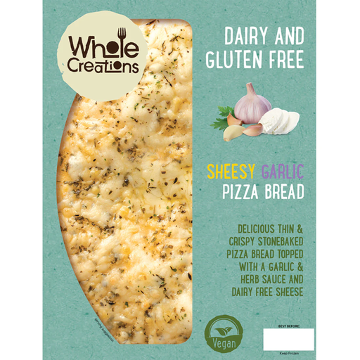 Sheesy Garlic Pizza Bread packaging with 'Whole Creations' branding on a teal background