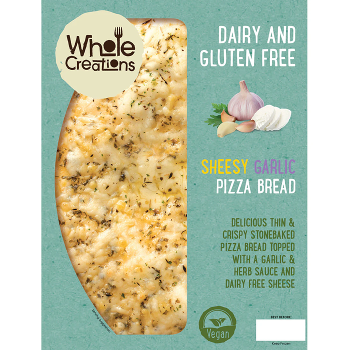 Sheesy Garlic Pizza Bread packaging with 'Whole Creations' branding on a teal background