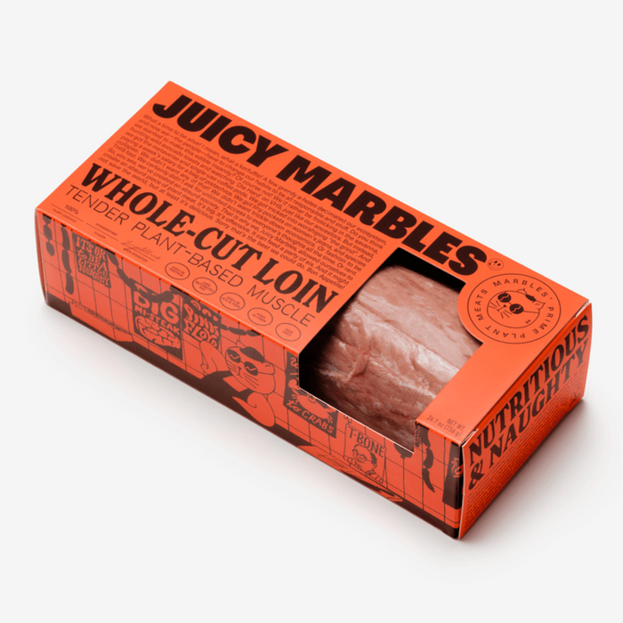 Packaged Juicy Marbles Whole Cut Loin plant-based meat product in an orange box with branding and nutritional information.